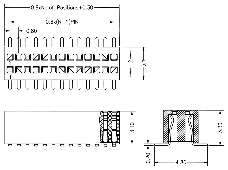 2731SM-02xx series, double-row straight sockets on PCB for surface mounting (SMD), pitch 0.80 x 1.20 mm, Board-to-Board connectors, pin headers and sockets > pitch 0.80 x 1.20 mm
