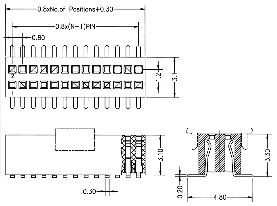 2731SM-02xxCP series, double-row straight sockets on the PCB with mounting cover for automatic surface (SMD) mounting, pitch 0.80 x 1.20 mm, Board-to-Board connectors, pin headers and sockets > pitch 0.80 x 1.20 mm