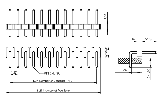 BL14065-11xxR-2.5 series, pin headers open single row angle on PCB for mounting in holes, pitch 1,27 mm, Board-to-Board connectors, pin headers and sockets for them > pitch 1,27 mm