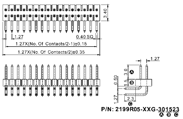 2199R05-XXXG series, pin headers double-row angle on PCB for mounting holes, pitch 1,27x1,27 mm, Board-to-Board connectors, pin headers and sockets for them > pitch 1,27x1,27 mm