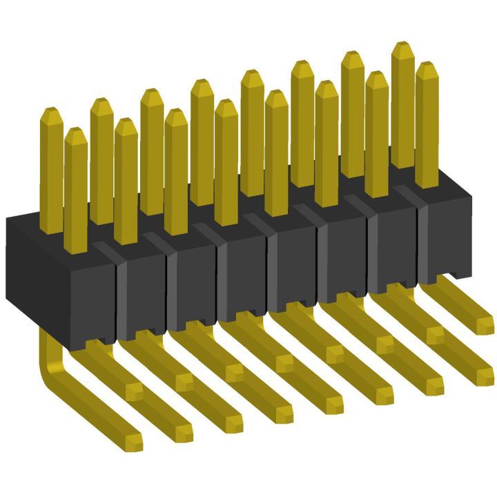 2199R05-XXXG series, pin headers double-row angle on PCB for mounting holes,  1,27x1,27 , 2x50 pins