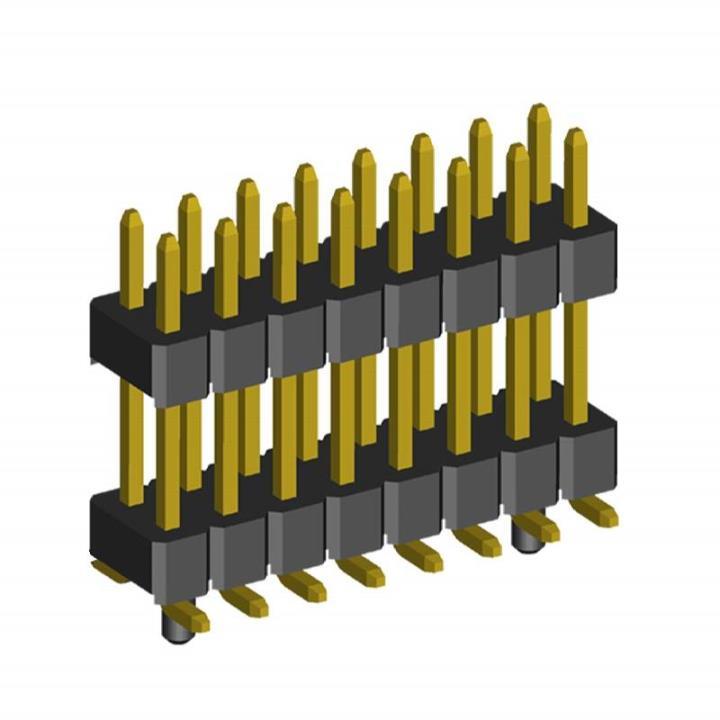 2199SBDI-XXXG-SMPG series, pin headers double row, straight, double insulator and the guide on PCB for surface (SMD) mounting,  1,27x1,27 , 2x50 pins