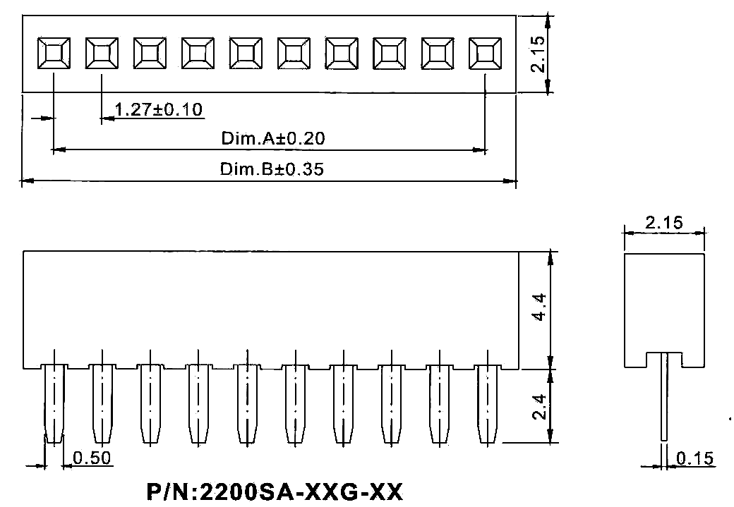 2200SA-XXG-44 series, single row straight sockets on PCB for mounting in holes, pitch 1,27 mm, Board-to-Board connectors, pin headers and sockets for them > pitch 1,27 mm