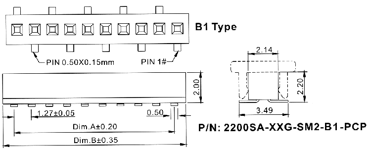 2200SA-XXG-SM2-B1-PCP series, single row straight sockets with capture for surface (SMD) mounting on PCB, pitch 1,27 mm, Board-to-Board connectors, pin headers and sockets for them > pitch 1,27 mm