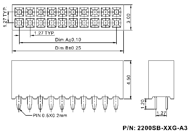 2200SB-XXXG-A3 series, double row straight sockets on PCB for mounting in holes, pitch 1,27x1,27 mm, Board-to-Board connectors, pin headers and sockets for them > pitch 1,27x1,27 mm