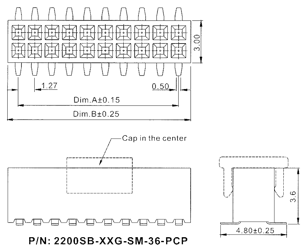 2200SB-XXXG-SM-36-PCP series, double row straight sockets on PCB for surface (SMD) mounting with reverse input and capture, pitch 1,27x1,27 mm, Board-to-Board connectors, pin headers and sockets for them > pitch 1,27x1,27 mm
