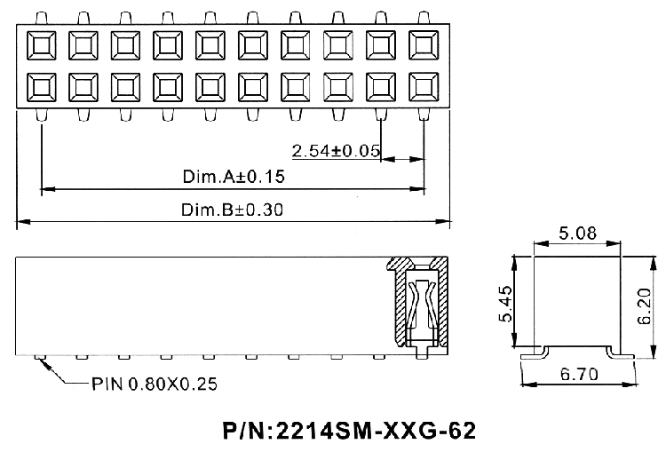 2214SM-XXG-62 series, double row straight sockets on the board for surface mounting (SMD) , pitch 2,54x2,54 mm, Board-to-Board connectors, pin headers and sockets > pitch 2,54x2,54 mm