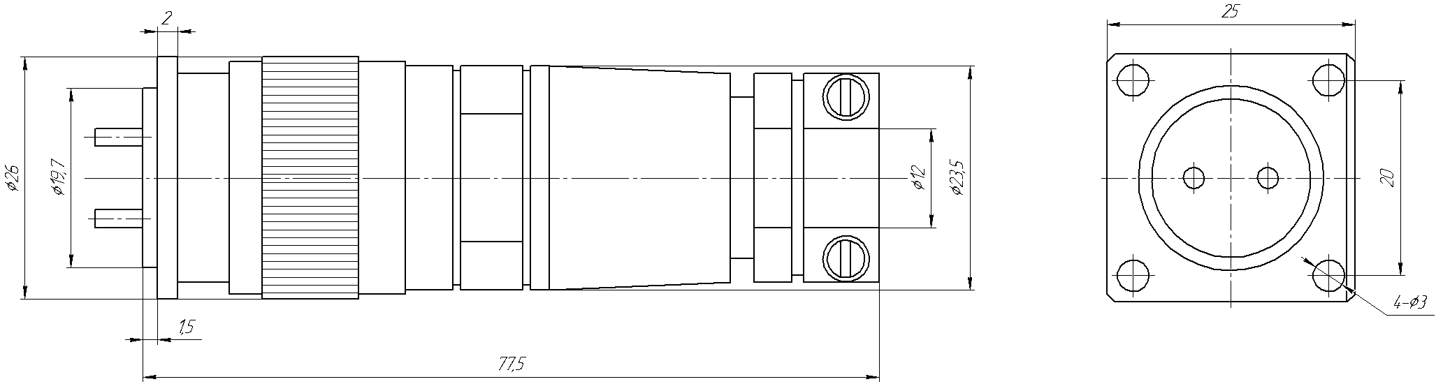 Round industrial metal connectors (low-frequency cylindrical connectors) BNL20 series under hole in device with diameter 20 mm