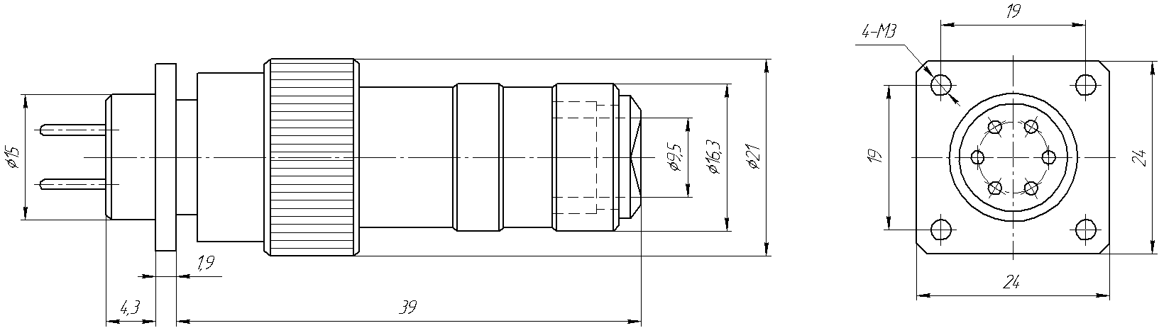 Round industrial metal connectors (low-frequency cylindrical connectors) HP15 series under hole in device with diameter 15 mm