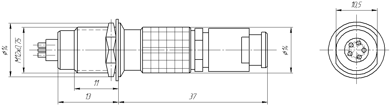 Round industrial metal connectors (low-frequency cylindrical connectors) M1B series under hole in device with diameter 9 mm