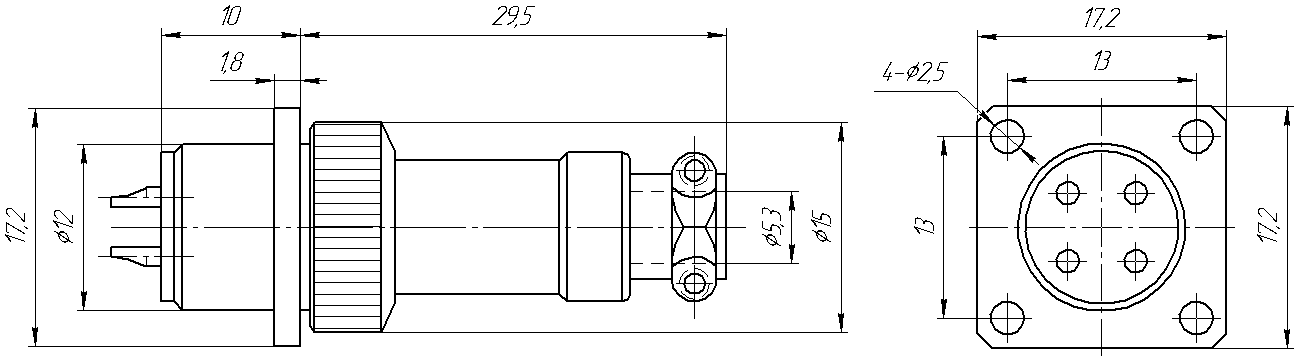 Round industrial metal connectors (low-frequency cylindrical connectors) YL16 series under hole in device with diameter 16 mm