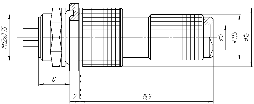 Round industrial metal connectors (low-frequency cylindrical connectors) WP12G series under hole in device with diameter 12 mm