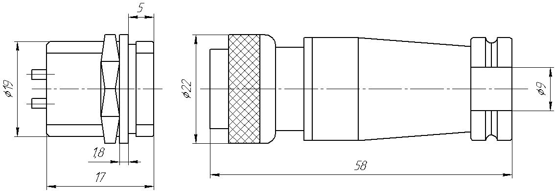 Round industrial metal connectors (low-frequency cylindrical connectors) XA19 series under hole in device with diameter 19 mm