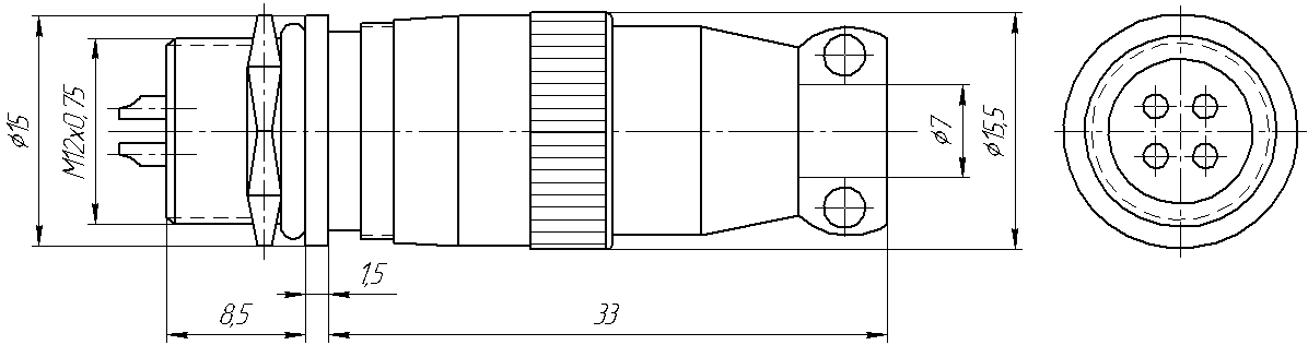 Round industrial metal connectors (low-frequency cylindrical connectors) XQ12 series under hole in device with diameter 12 mm