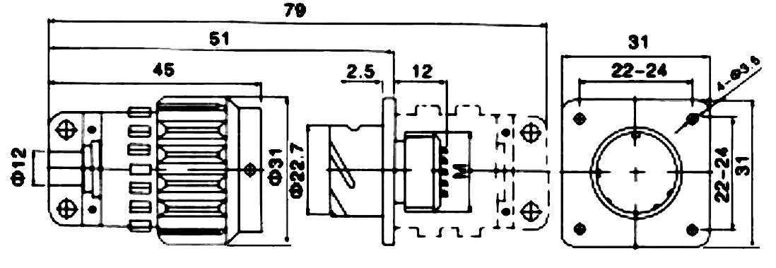 Round industrial metal connectors (low-frequency cylindrical connectors) YP50 series under hole in device with diameter 50 mm