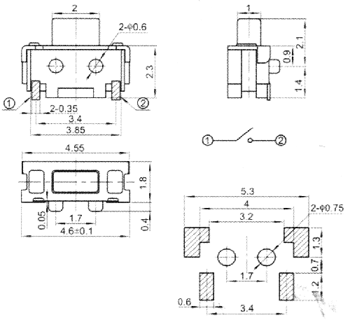 THAM04 Subminiature tact switch SMD 2.3x4.6mm