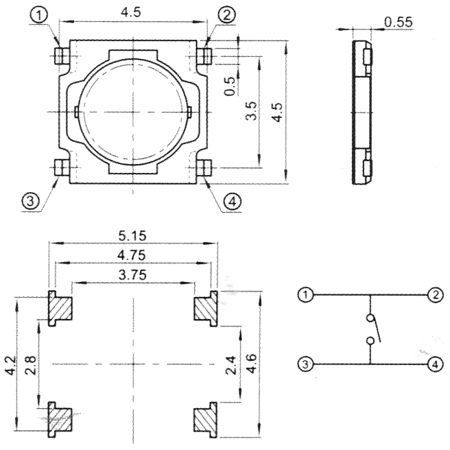 TVCM09 4.5x4.5 mm Lowprofile tact switches SMD